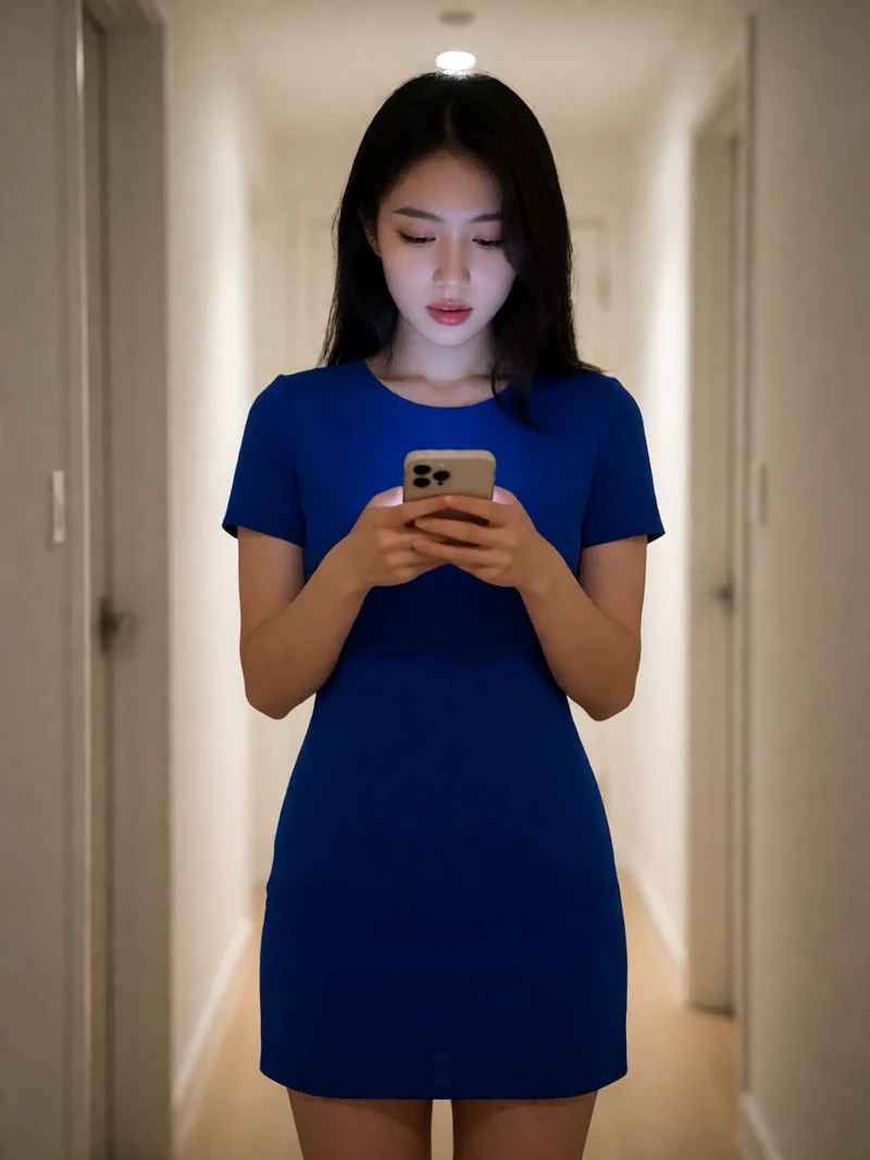 虚构成年东亚女性穿蓝色短裙站在公寓楼道看手机