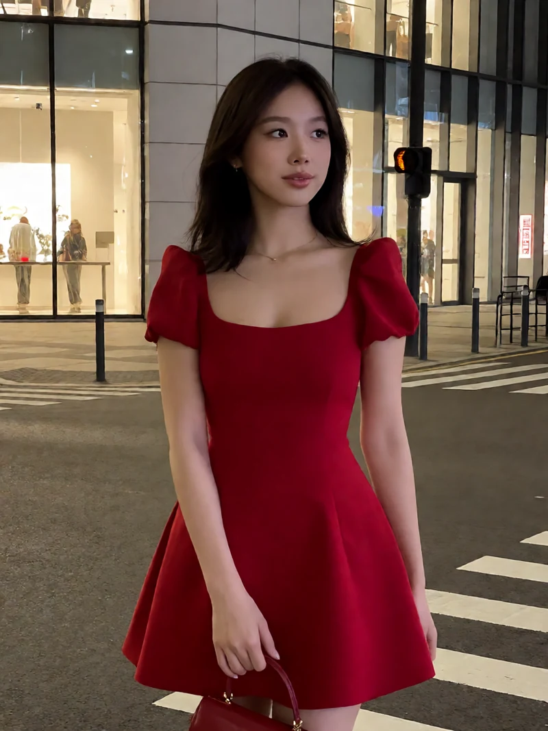 虚构成年东亚女性穿红色短裙提包站在夜间城市街角望向街道